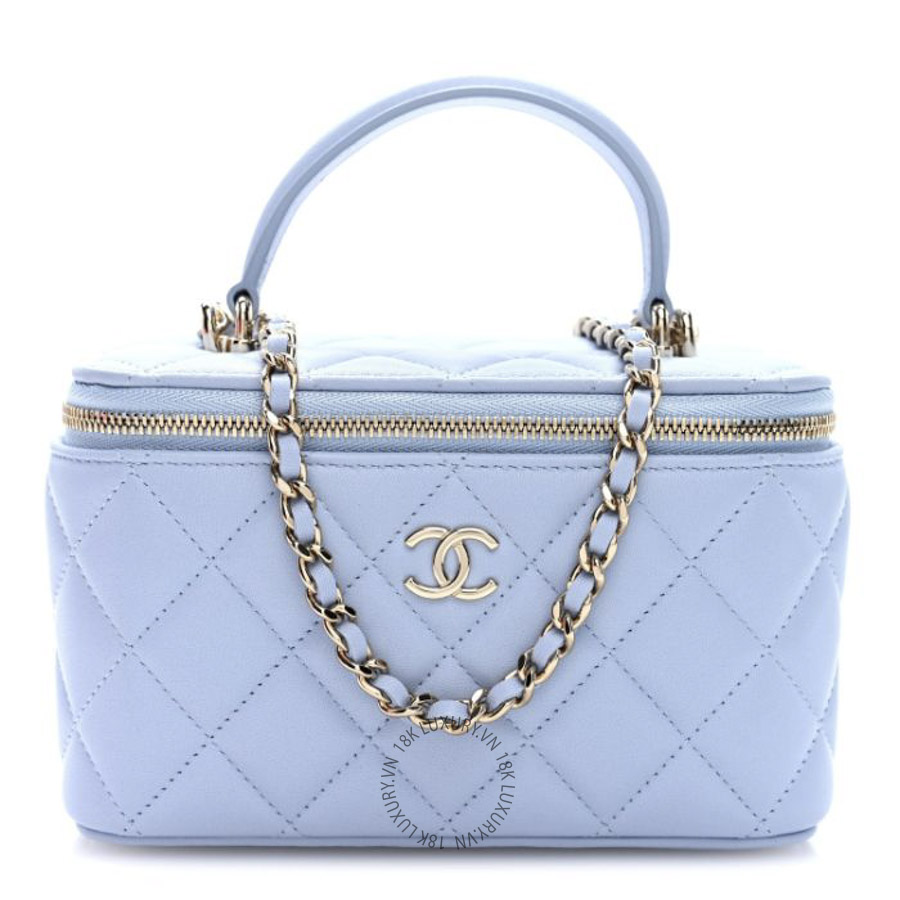 Túi Hộp Đeo Chéo Chanel Lambskin Quilted Small Top Handle Vanity Case With Chain Light Blue CDBC413