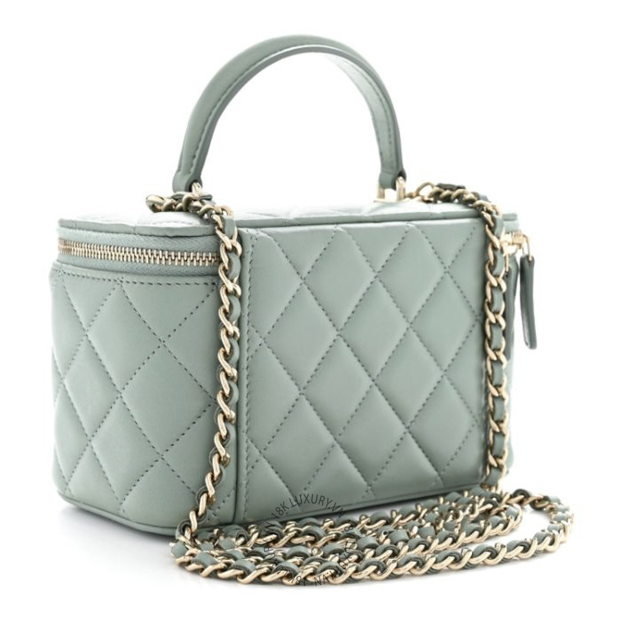 Túi Hộp Đeo Chéo Chanel Lambskin Quilted Small Top Handle Vanity Case With Chain Light Green CDBC115