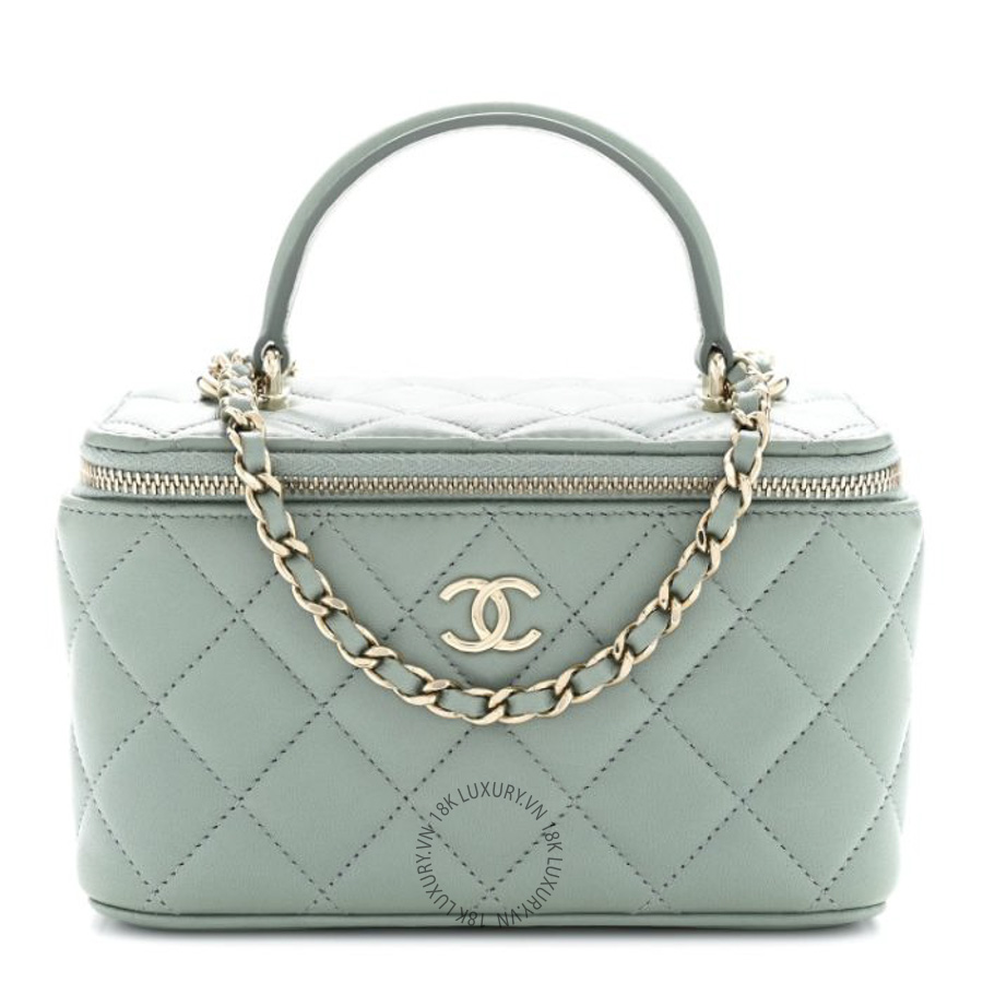 Túi Hộp Đeo Chéo Chanel Lambskin Quilted Small Top Handle Vanity Case With Chain Light Green CDBC115