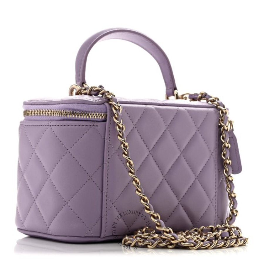 Túi Hộp Đeo Chéo Chanel Lambskin Quilted Small Top Handle Vanity Case With Chain Light Purple CDBC015