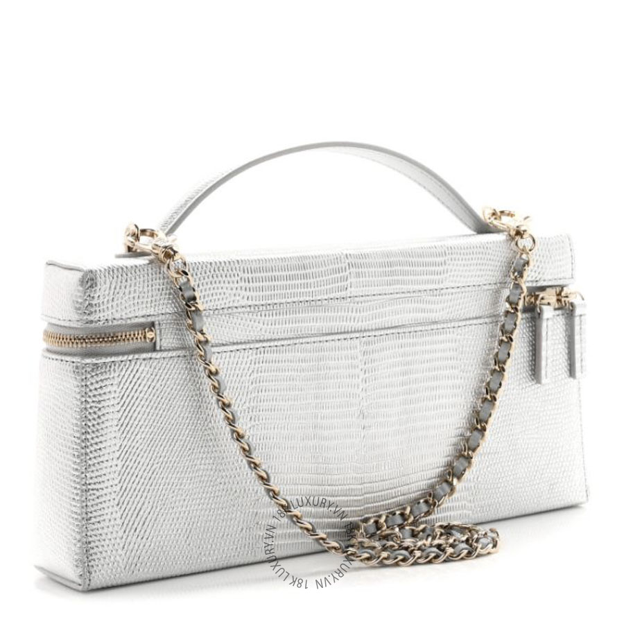 Túi Hộp Đeo Chéo Chanel Lizard Embossed Top Handle Slim Vanity With Chain Silver CDBC849
