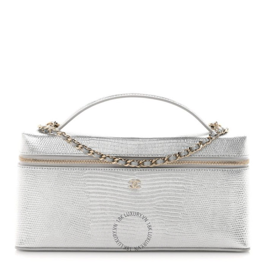 Túi Hộp Đeo Chéo Chanel Lizard Embossed Top Handle Slim Vanity With Chain Silver CDBC849