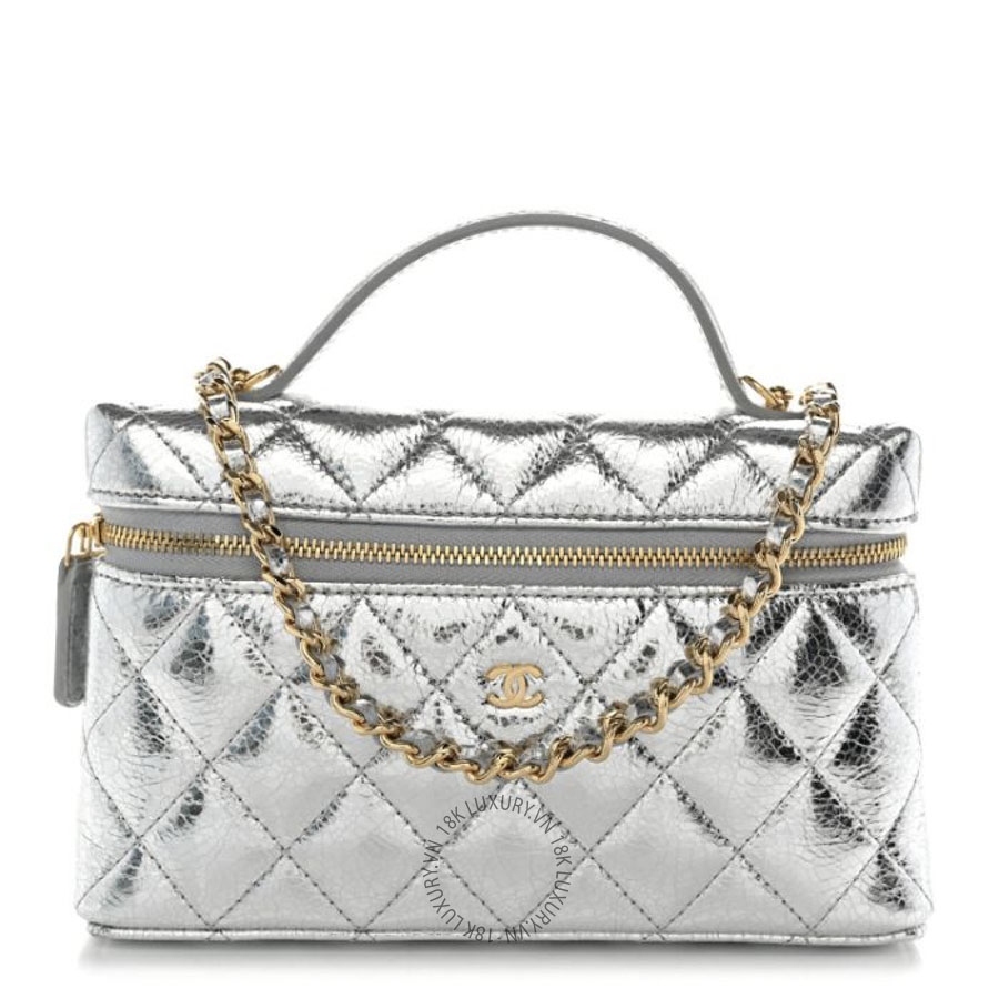 Túi Hộp Đeo Chéo Chanel Metallic Calfskin Quilted Top Handle Slim Vanity With Chain Silver CDBC1149