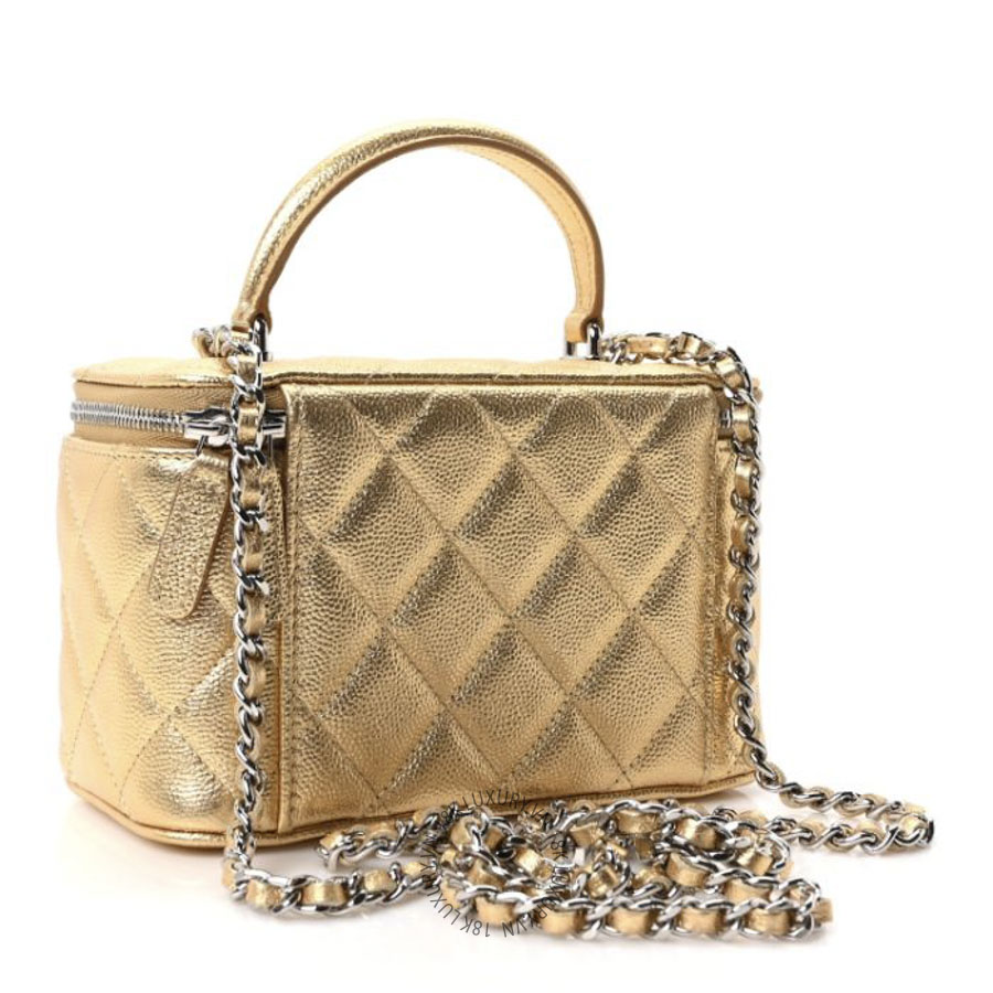 Túi Hộp Đeo Chéo Chanel Metallic Caviar Quilted Small Top Handle Vanity Case With Chain Gold CDBC008