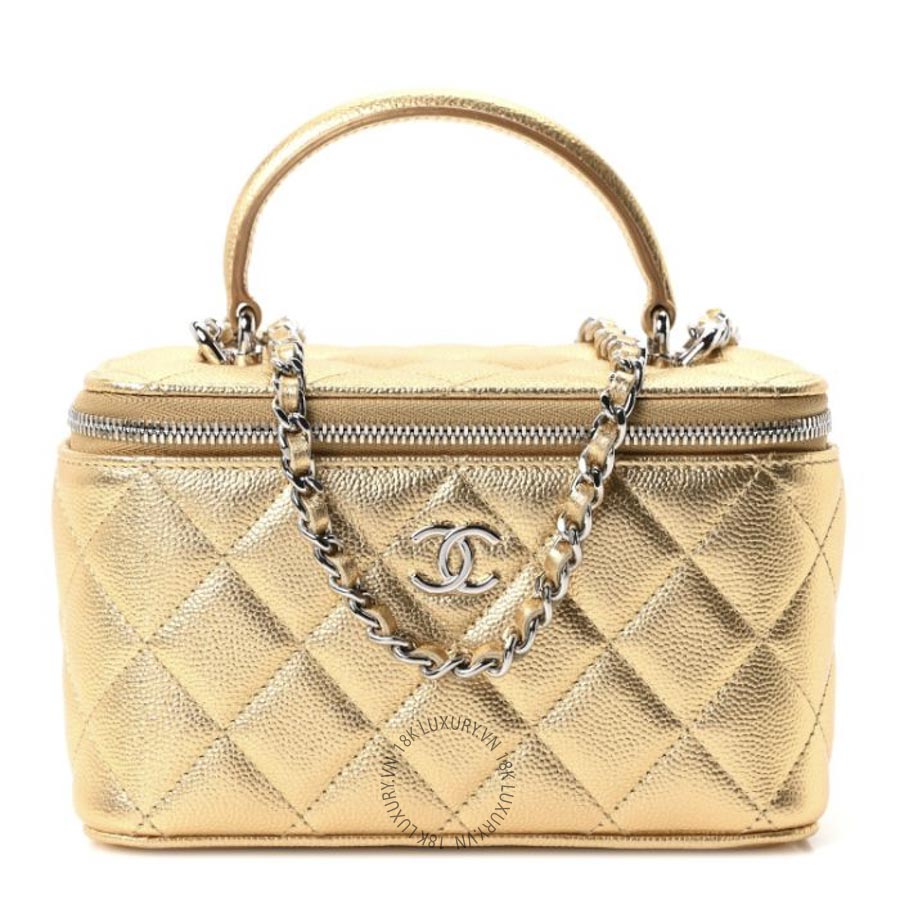 Túi Hộp Đeo Chéo Chanel Metallic Caviar Quilted Small Top Handle Vanity Case With Chain Gold CDBC008