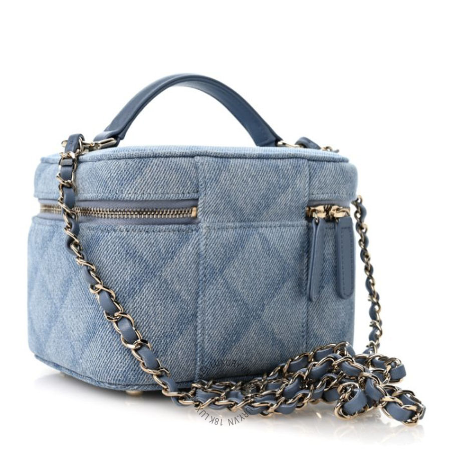 Túi Hộp Đeo Chéo Chanel Printed Denim Quilted Mini Top Handle Vanity Case With Chain Light Blue CDBC487