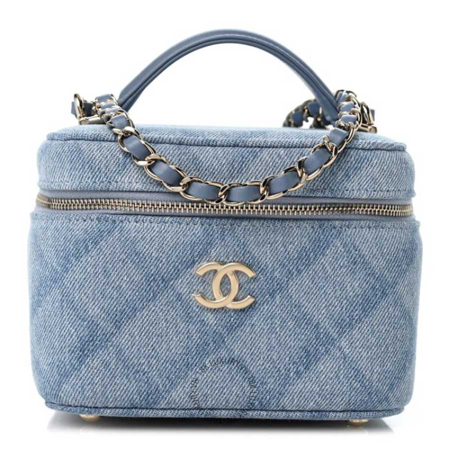 Túi Hộp Đeo Chéo Chanel Printed Denim Quilted Mini Top Handle Vanity Case With Chain Light Blue CDBC487