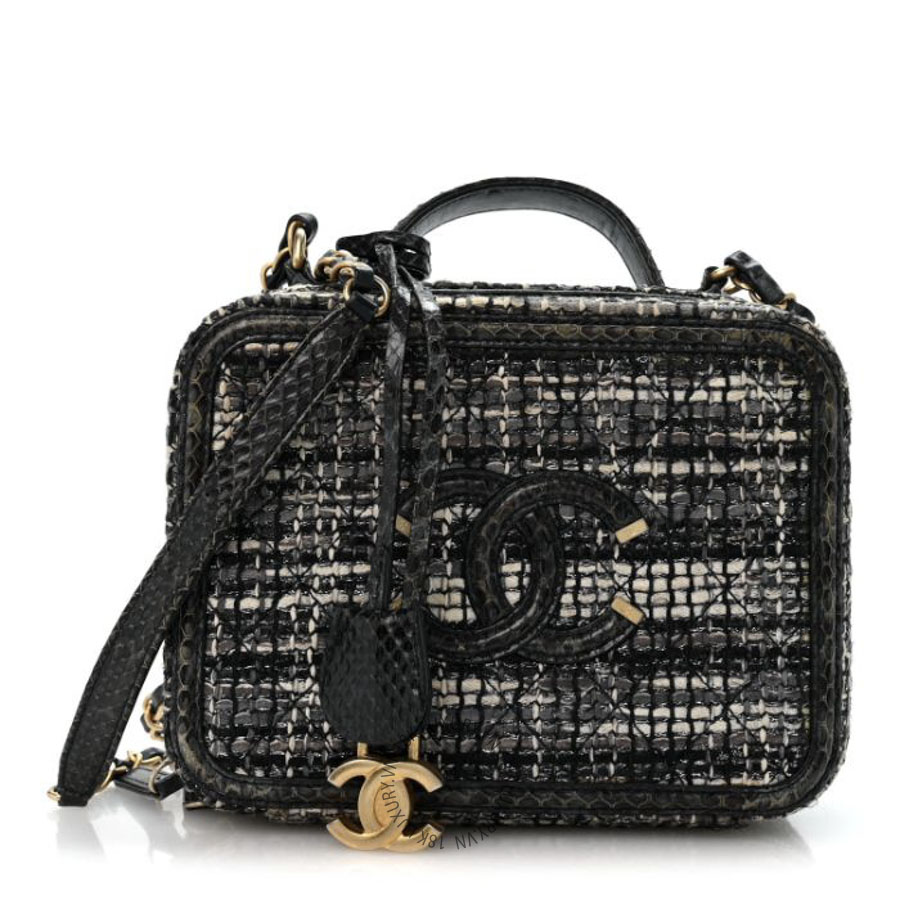 Túi Hộp Đeo Chéo Chanel Tweed Snakeskin Quilted Medium CC Filigree Vanity Case Dark Navy CDBC939