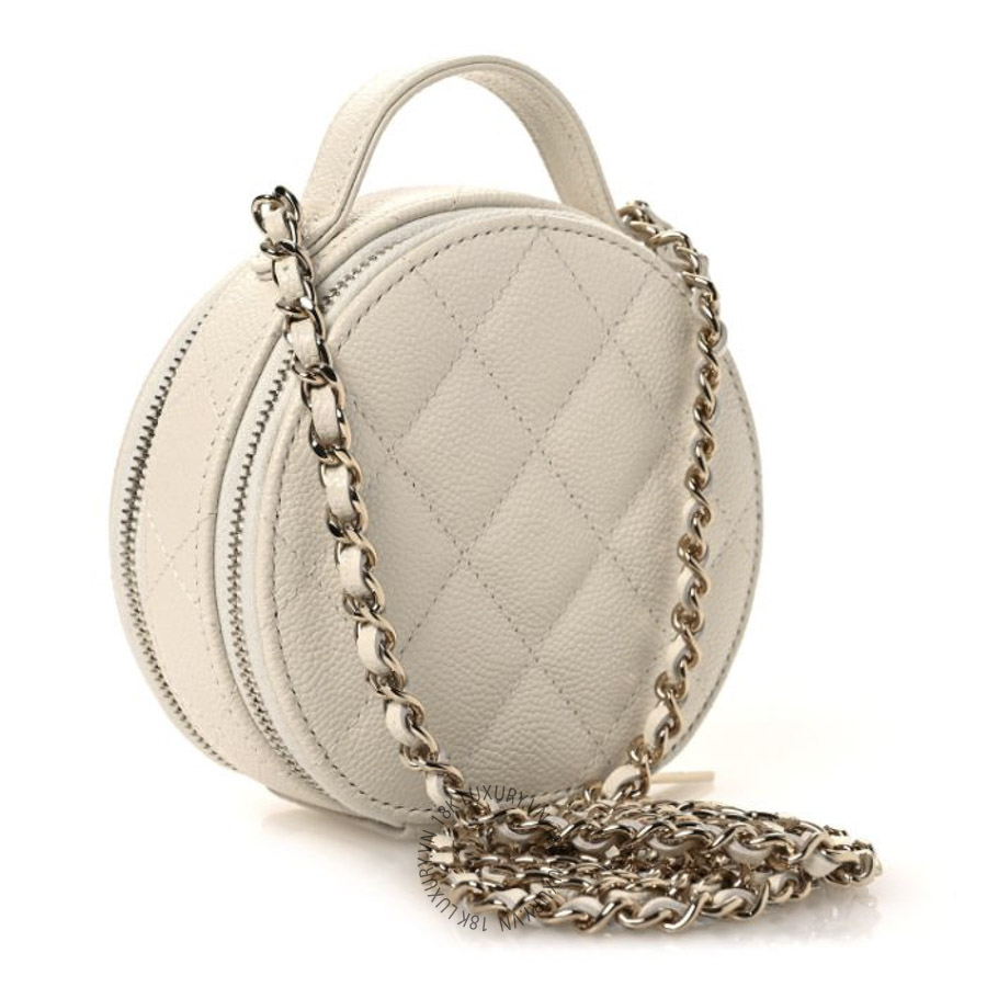 Túi Hộp Đeo Chéo Tròn Chanel Caviar Quilted Round Handle With Care Vanity With Chain White CDBC1027
