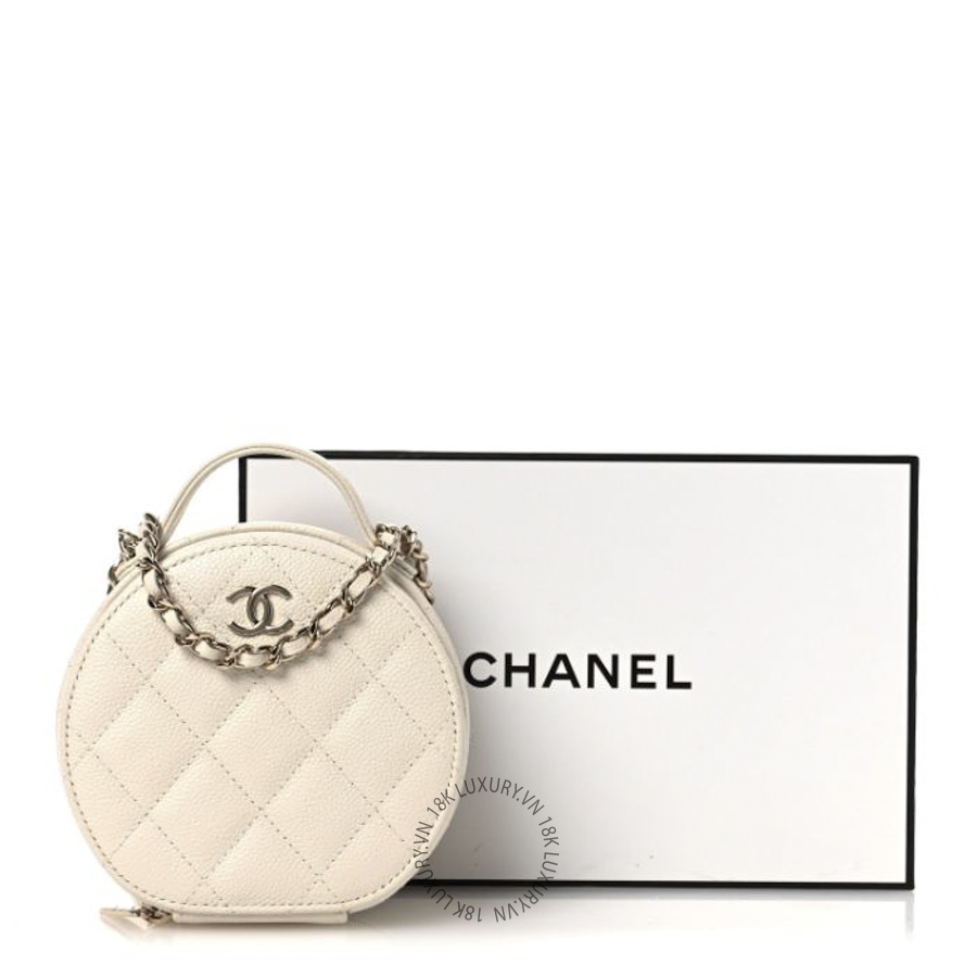 Túi Hộp Đeo Chéo Tròn Chanel Caviar Quilted Round Handle With Care Vanity With Chain White CDBC1027 23 Túi Hộp Đeo Chéo Tròn Chanel Caviar Quilted Round Handle With Care Vanity With Chain White CDBC1027
