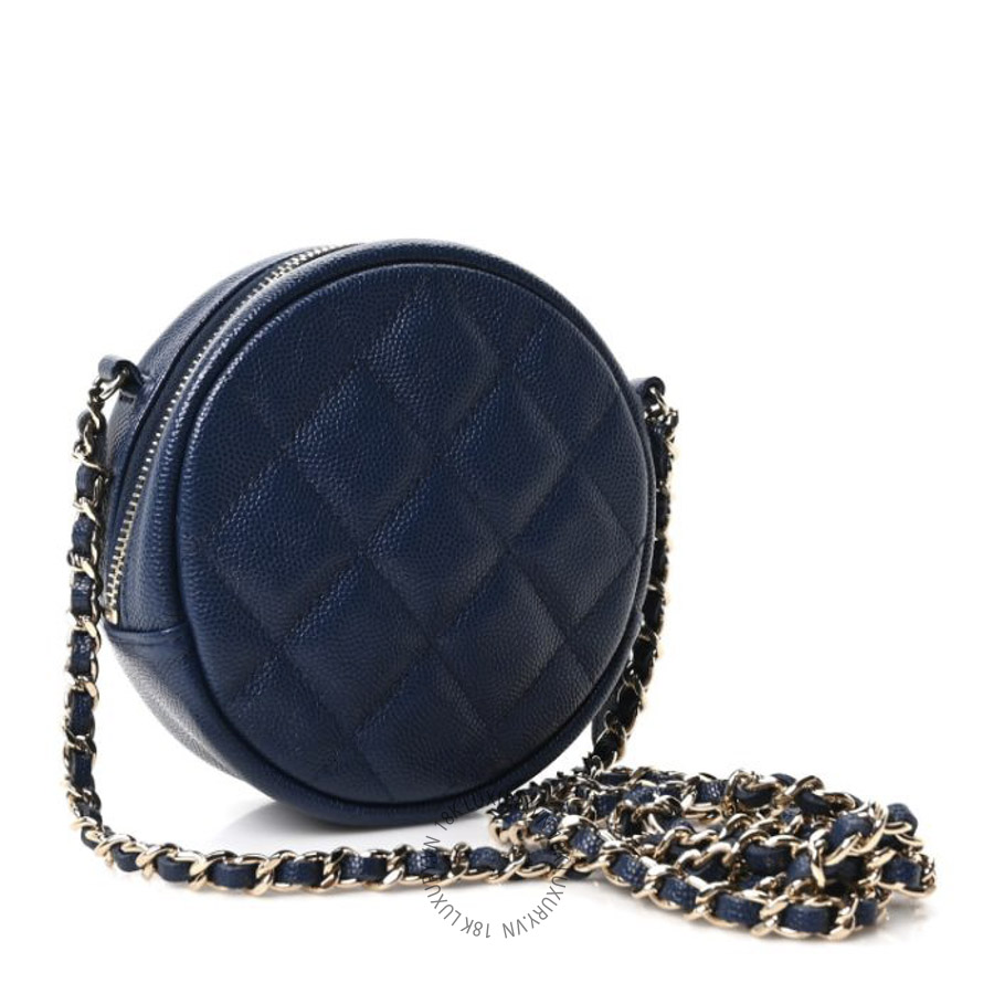 Túi Hộp Tròn Đeo Chéo Chanel Caviar Quilted Round Clutch With Chain Navy CDBC882