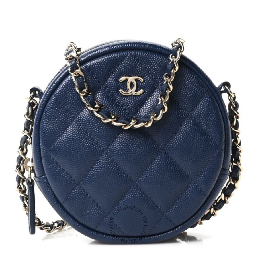Túi Hộp Tròn Đeo Chéo Chanel Caviar Quilted Round Clutch With Chain Navy CDBC882