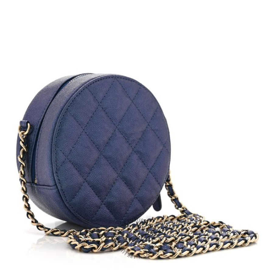 Túi Hộp Tròn Đeo Chéo Chanel Iridescent Caviar Quilted Round Clutch With Chain Blue CDBC668