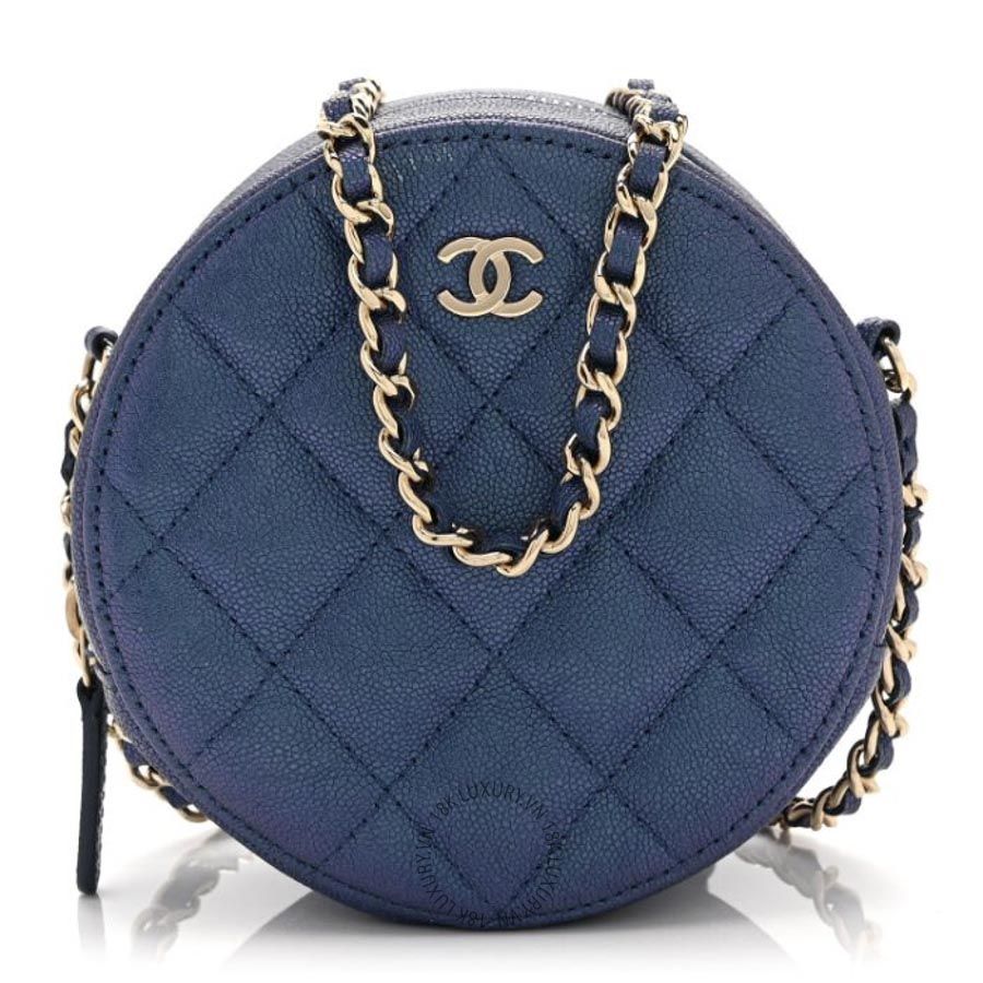 Túi Hộp Tròn Đeo Chéo Chanel Iridescent Caviar Quilted Round Clutch With Chain Blue CDBC668