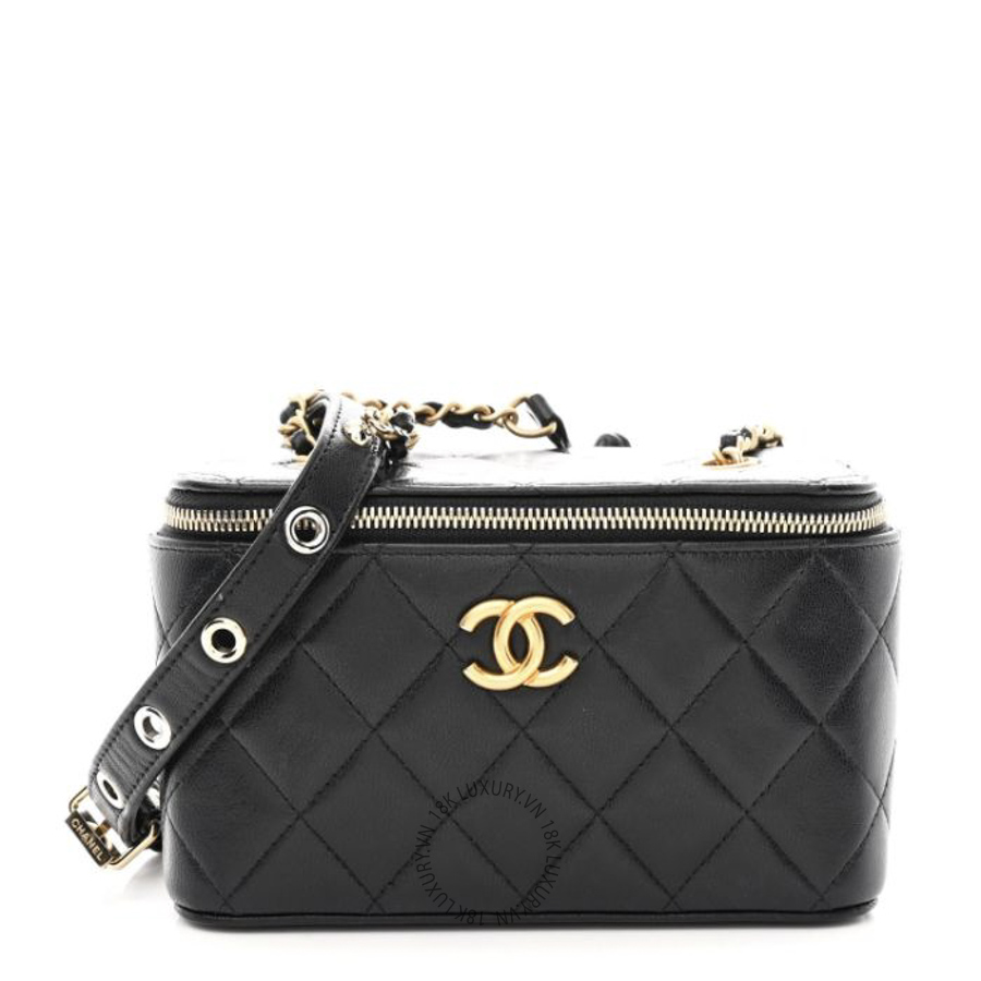 Túi Hộp Vuông Chanel Goatskin Quilted Punk Essentials Vanity Case With Chain Black CDBC202