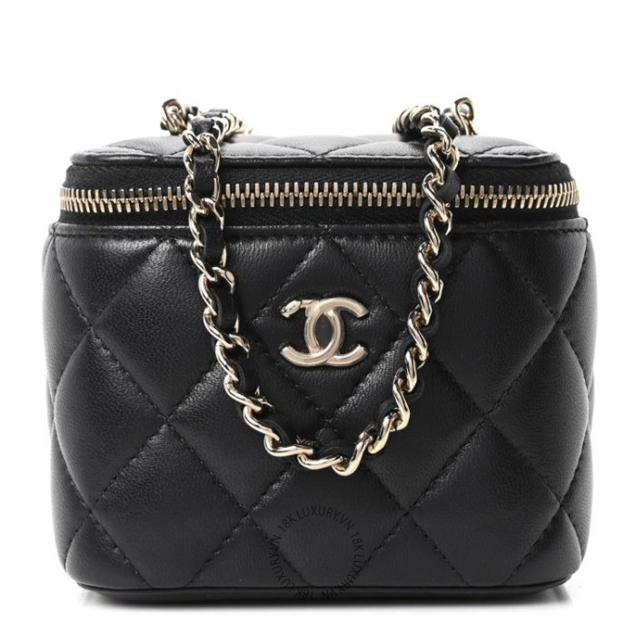 Túi Hộp Vuông Chanel Lambskin Quilted Mini Enamel CC Pearl Crush Vanity Case With Chain Black CDBC1092