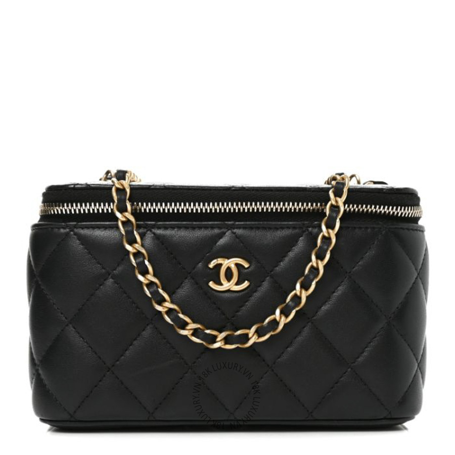 Túi Hộp Vuông Chanel Lambskin Quilted Pearl Crush Small Vanity Case With Chain Black CDBC889