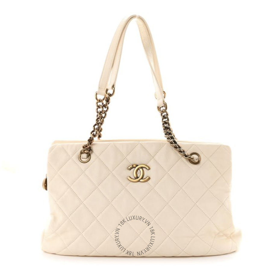 Túi Xách Chanel Calfskin Quilted Small Crown Tote Dark White CDBC718