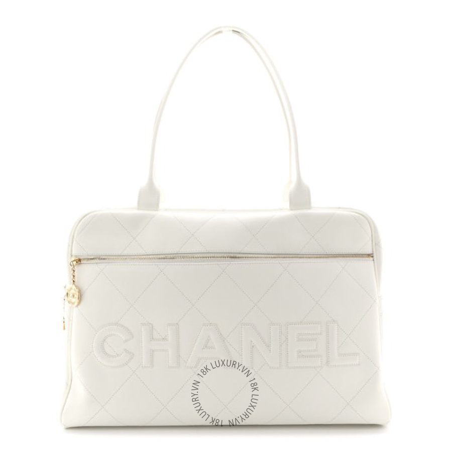 Túi Xách Chanel Calfskin Stitched Maxi Logo Bowling Bag White CDBC1083