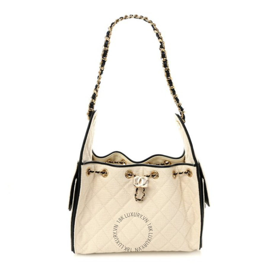 Túi Xách Chanel Canvas Calfskin Quilted Small Chanel 25 Handbag Ecru Black CDBC559