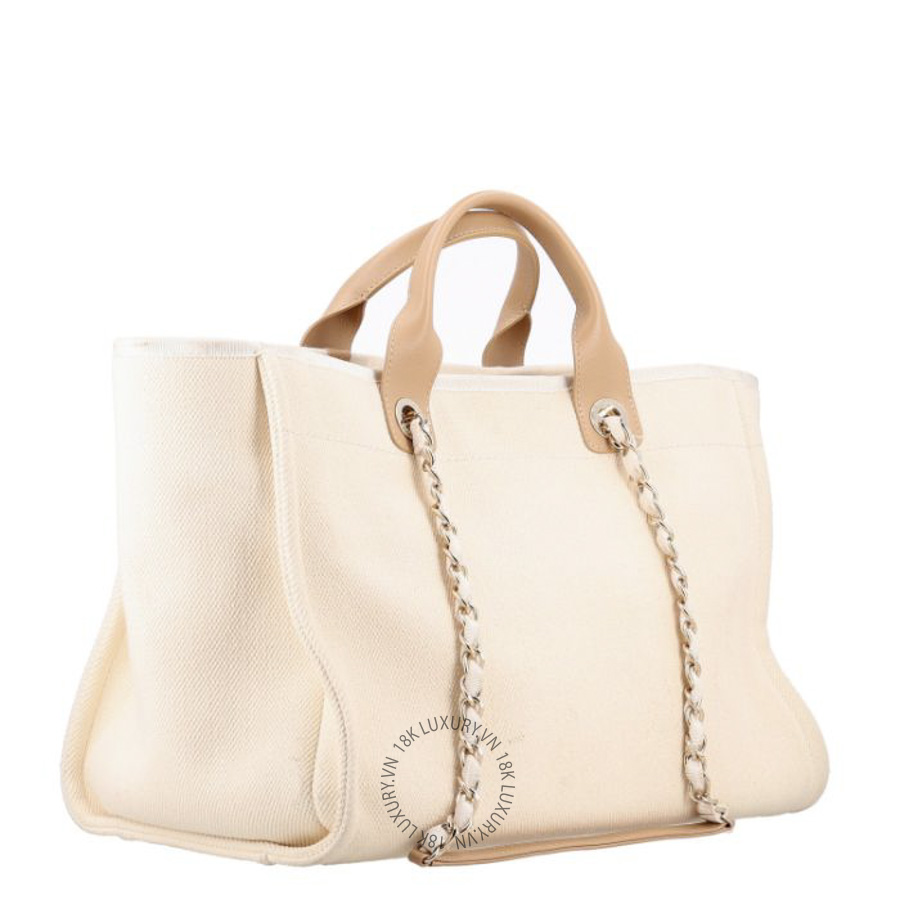 Túi Xách Chanel Canvas Pearl Medium Deauville Tote Ecru Beige CDBC411