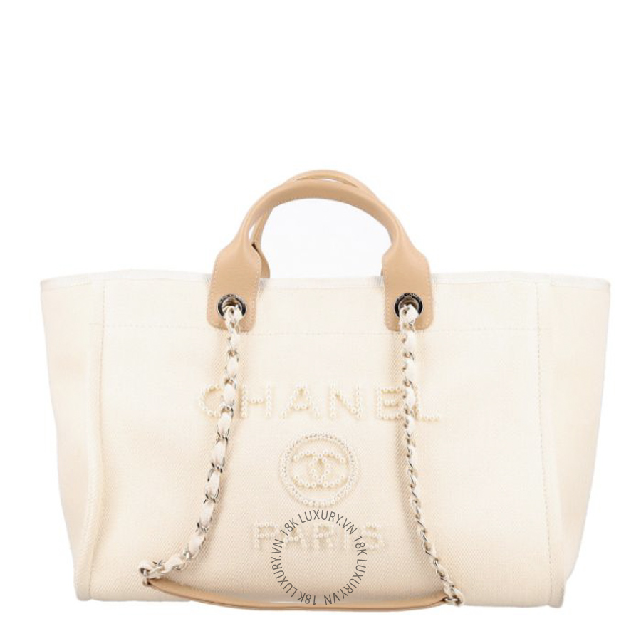 Túi Xách Chanel Canvas Pearl Medium Deauville Tote Ecru Beige CDBC411