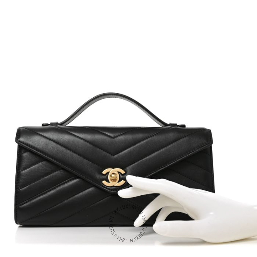 Túi Xách Chanel Lambskin Chevron Quilted Top Handle Envelope Clutch Black CDBC106