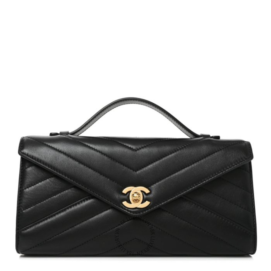 Túi Xách Chanel Lambskin Chevron Quilted Top Handle Envelope Clutch Black CDBC106