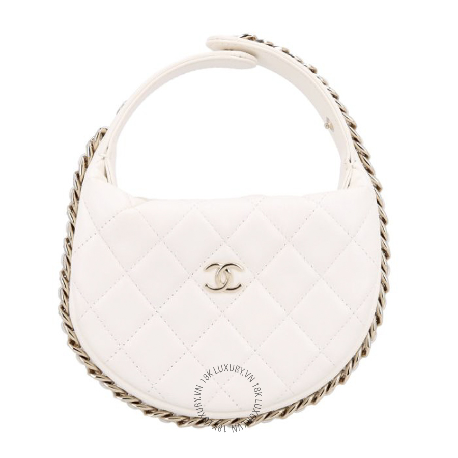Túi Xách Chanel Lambskin Quilted Chain Around Pouch Hobo White CDBC019