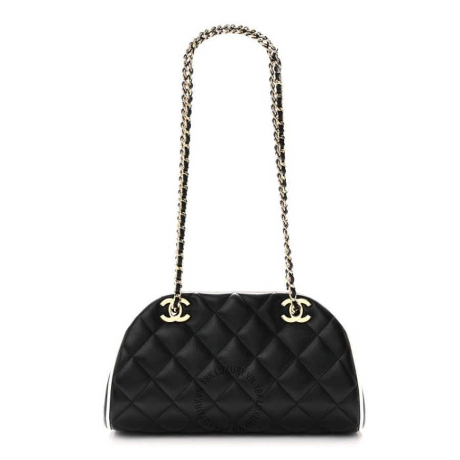 Túi Xách Chanel Lambskin Quilted Clutch With Chain Black White CDBC943