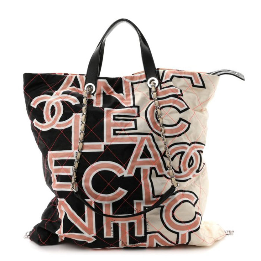 Túi Xách Chanel Nylon Stitched Printed Logo Shopping Bag Black White CDBC788