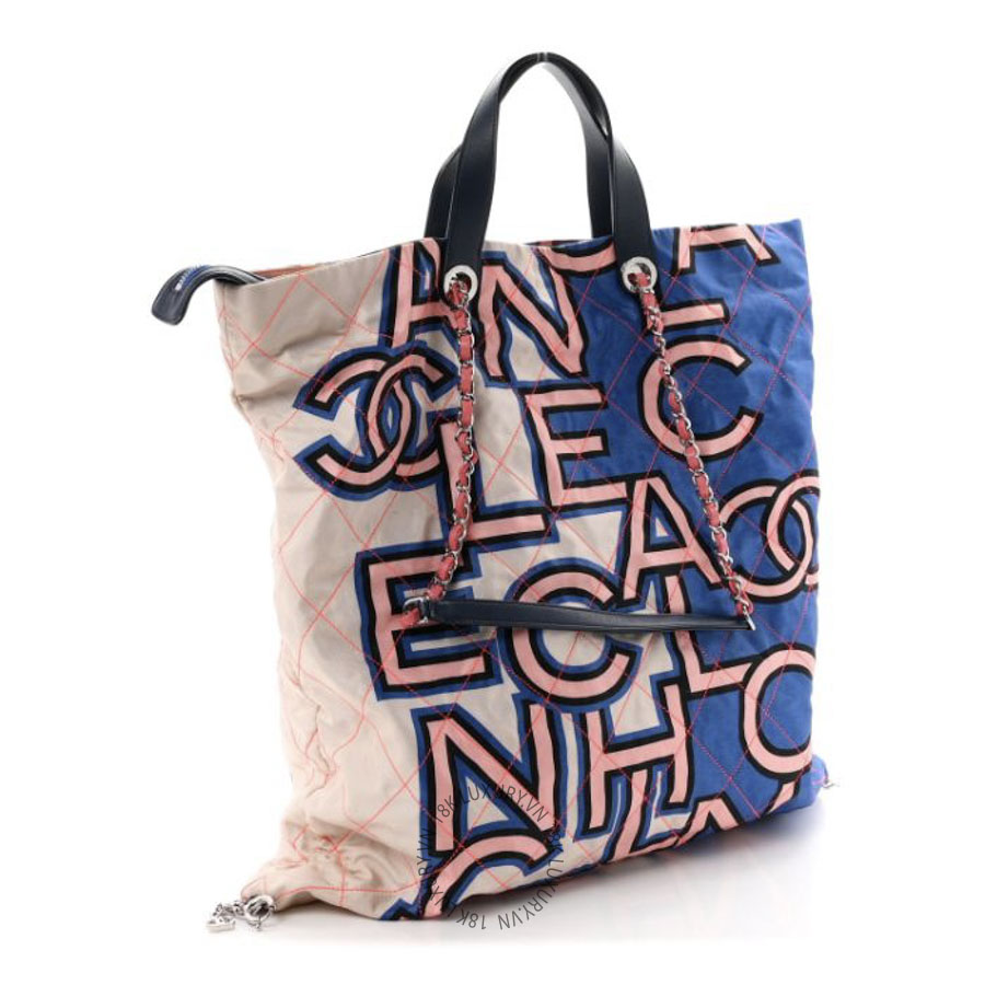 Túi Xách Chanel Nylon Stitched Printed Logo Shopping Bag Blue Multicolor CDBC612