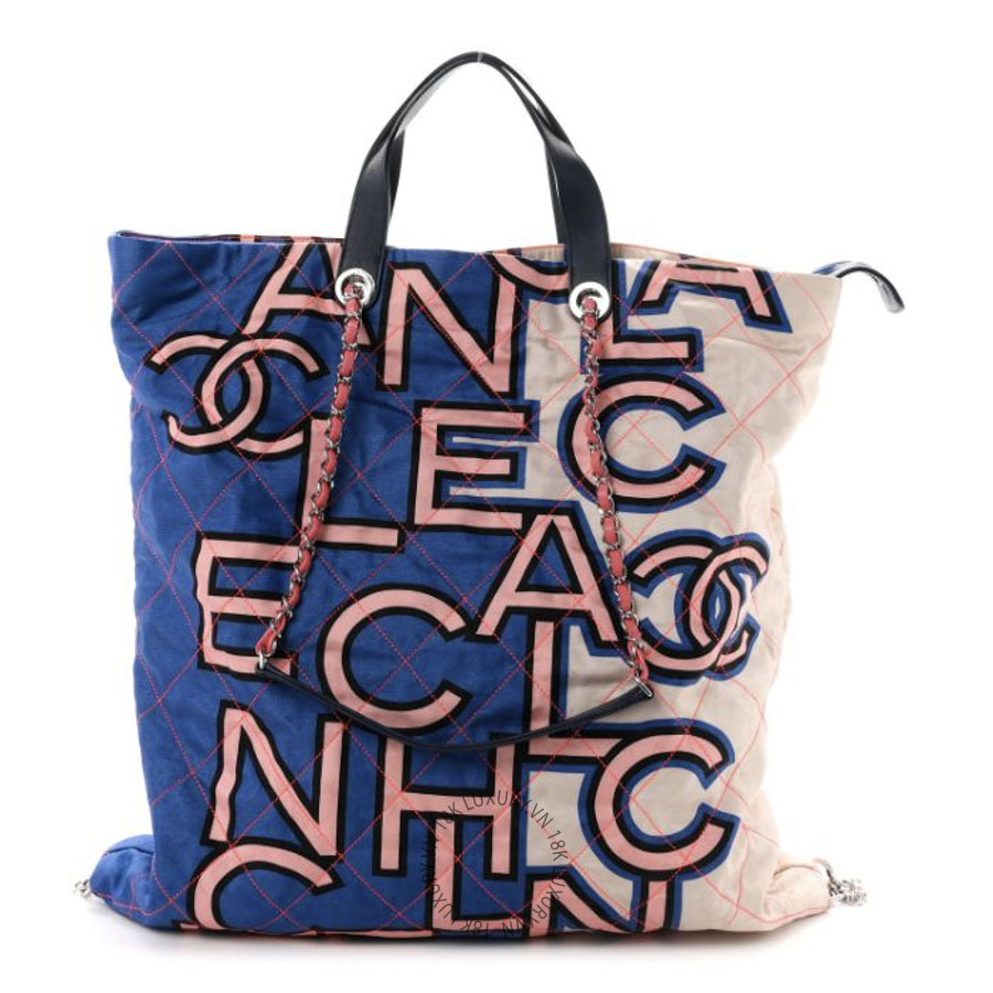 Túi Xách Chanel Nylon Stitched Printed Logo Shopping Bag Blue Multicolor CDBC612