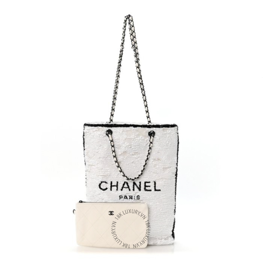 Túi Xách Chanel Sequin Logo Shopping Tote White Black CDBC276