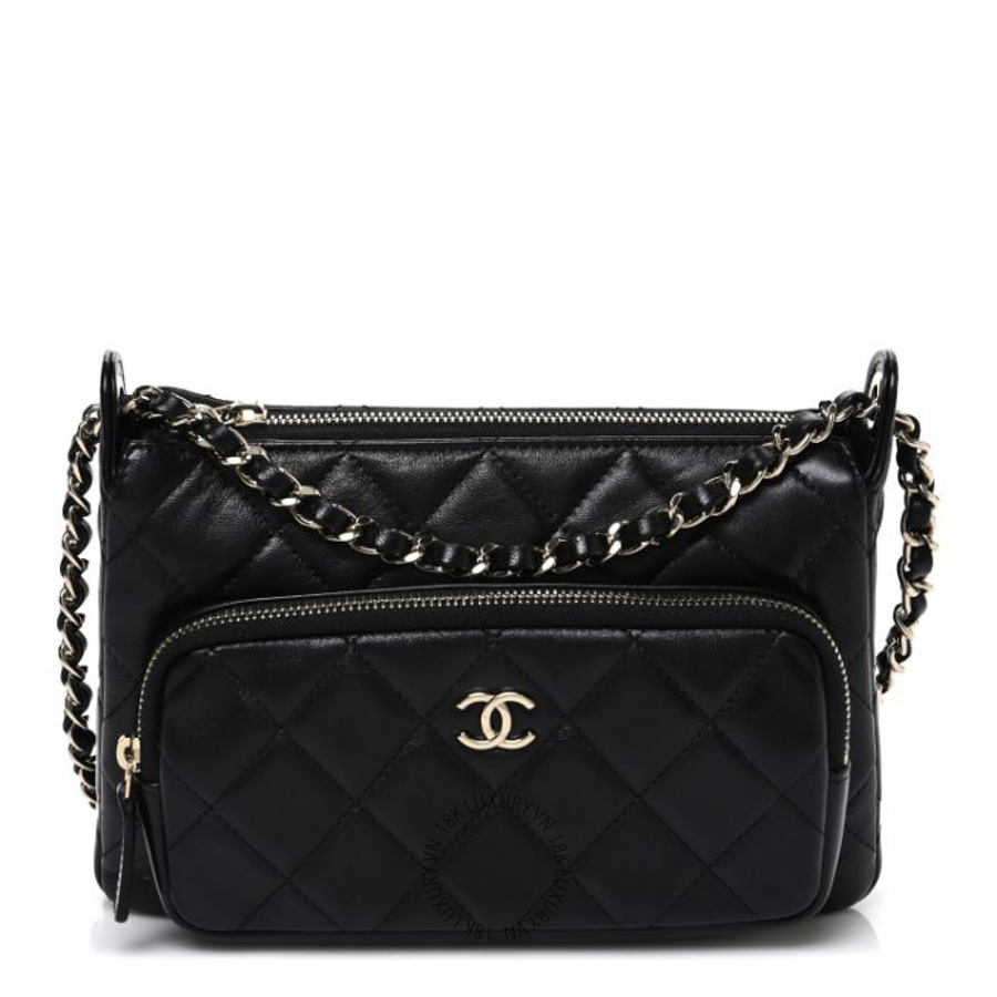 Túi Xách Chanel Shiny Crumpled Lambskin Quilted Small Preppy Pocket Clutch With Chain Black CDBC1090