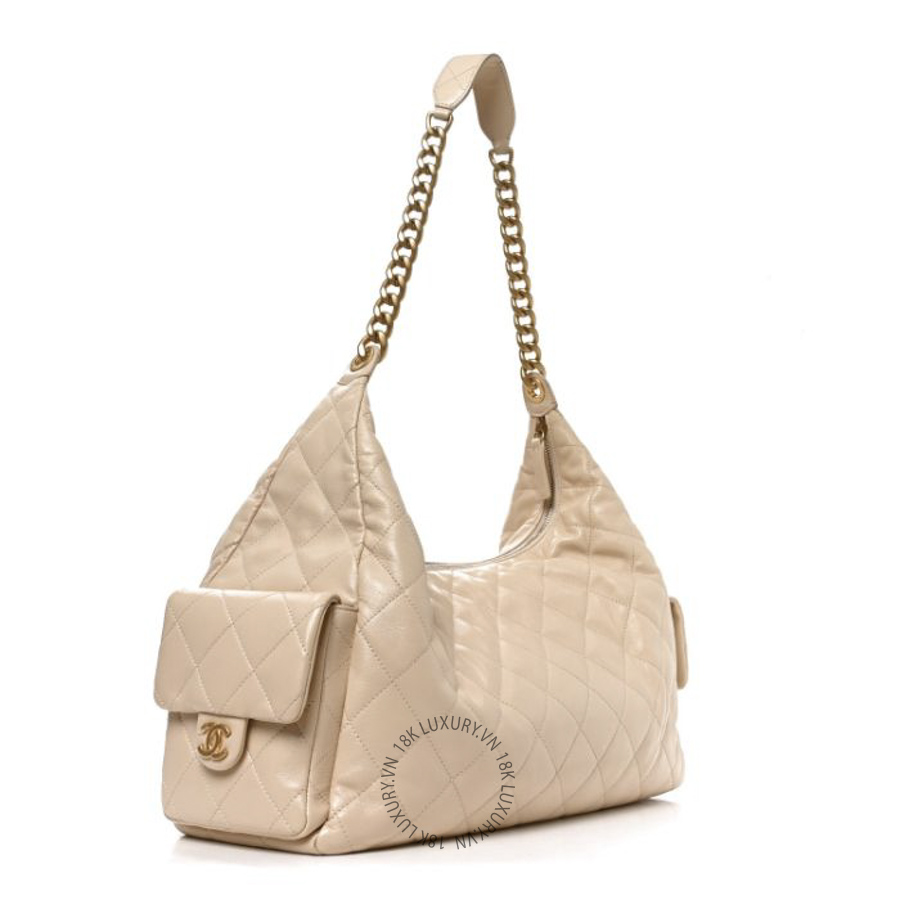 Túi Xách Chanel Shiny Lambskin Quilted Maxi Trendy Pockets Hobo Beige CDBC296