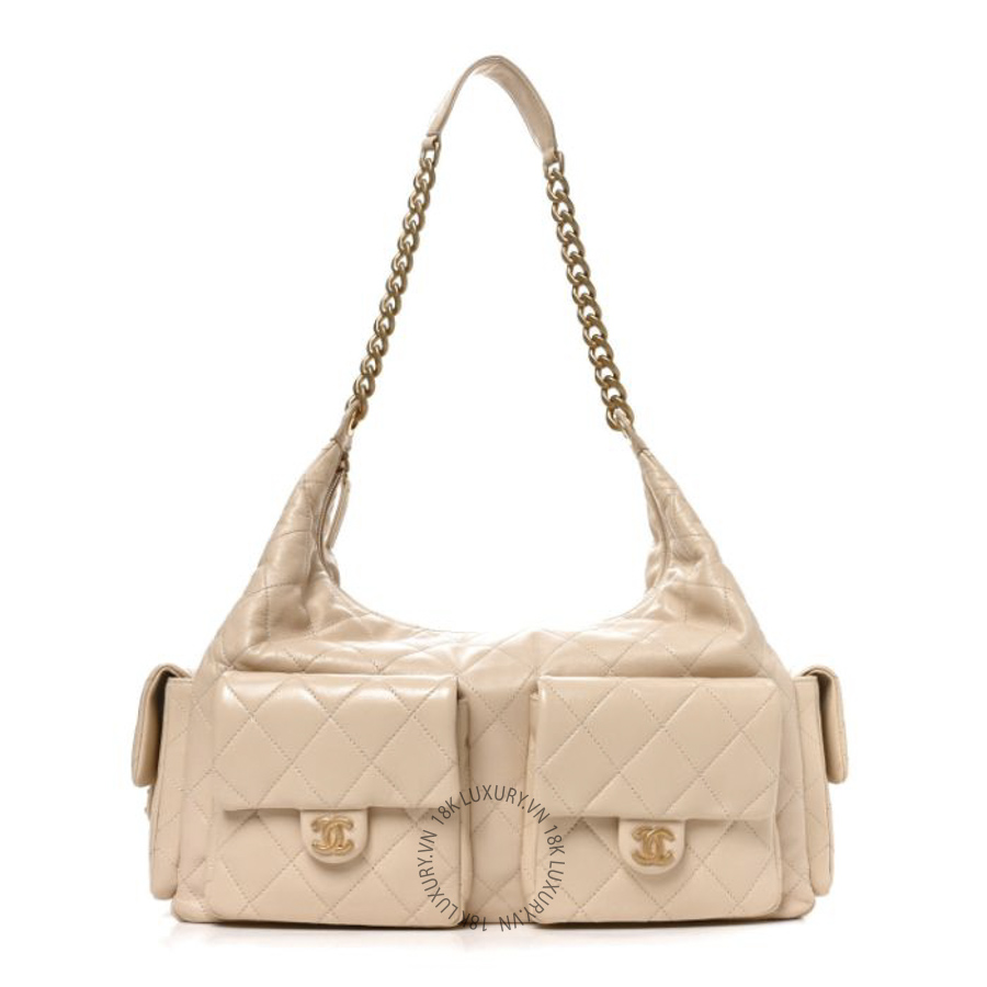 Túi Xách Chanel Shiny Lambskin Quilted Maxi Trendy Pockets Hobo Beige CDBC296