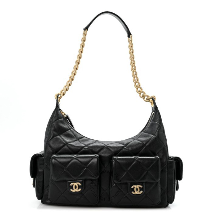 Túi Xách Chanel Shiny Lambskin Quilted Trendy Pockets Hobo Black CDBC994