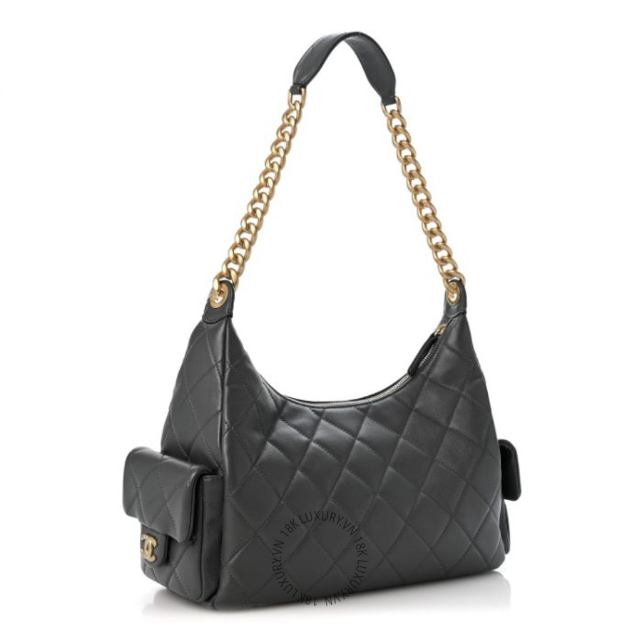 Túi Xách Chanel Shiny Lambskin Quilted Trendy Pockets Hobo Dark Grey CDBC496