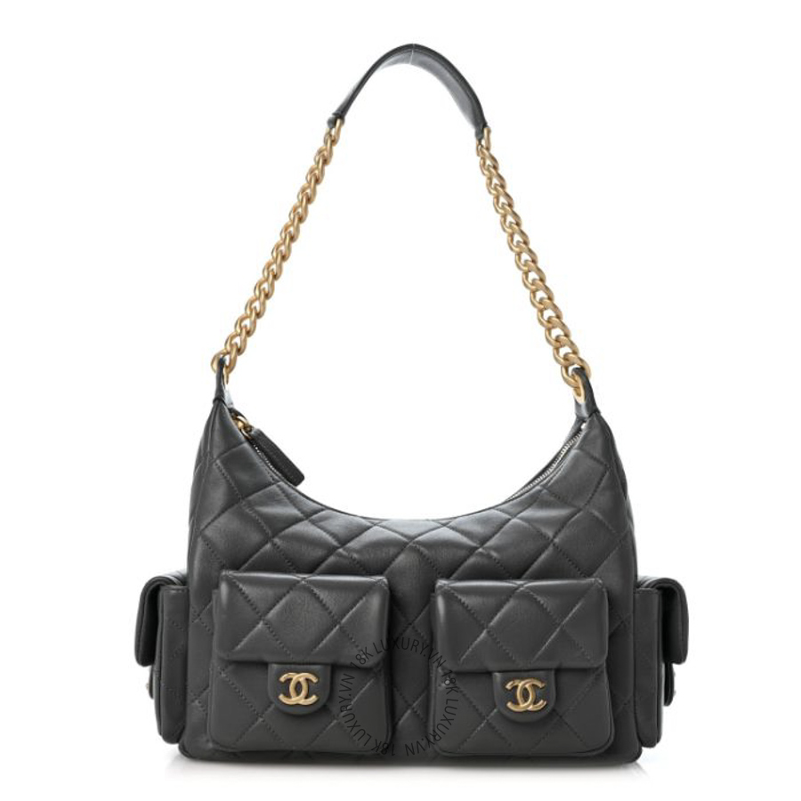 Túi Xách Chanel Shiny Lambskin Quilted Trendy Pockets Hobo Dark Grey CDBC496