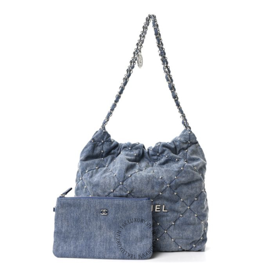 Túi Xách Chanel Washed Denim Quilted Studded Small Chanel 22 Blue CDBC526