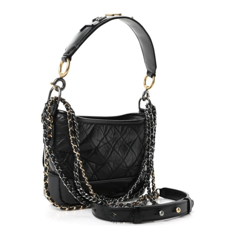 Túi Xách Đeo Chéo Chanel Aged Calfskin Quilted Small Gabrielle Logo Hobo Black CDBC844