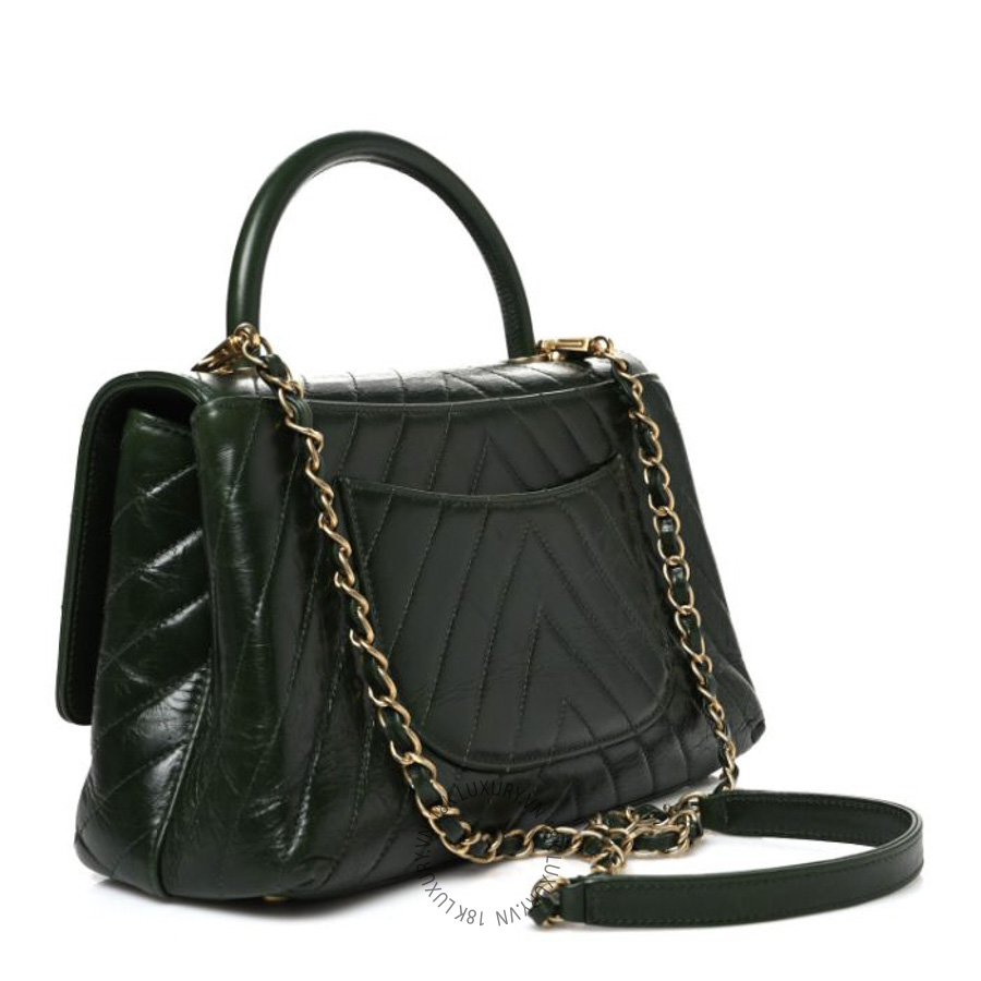 Túi Xách Đeo Chéo Chanel Calfskin Chevron Quilted Small Coco Handle Flap Green CDBC182