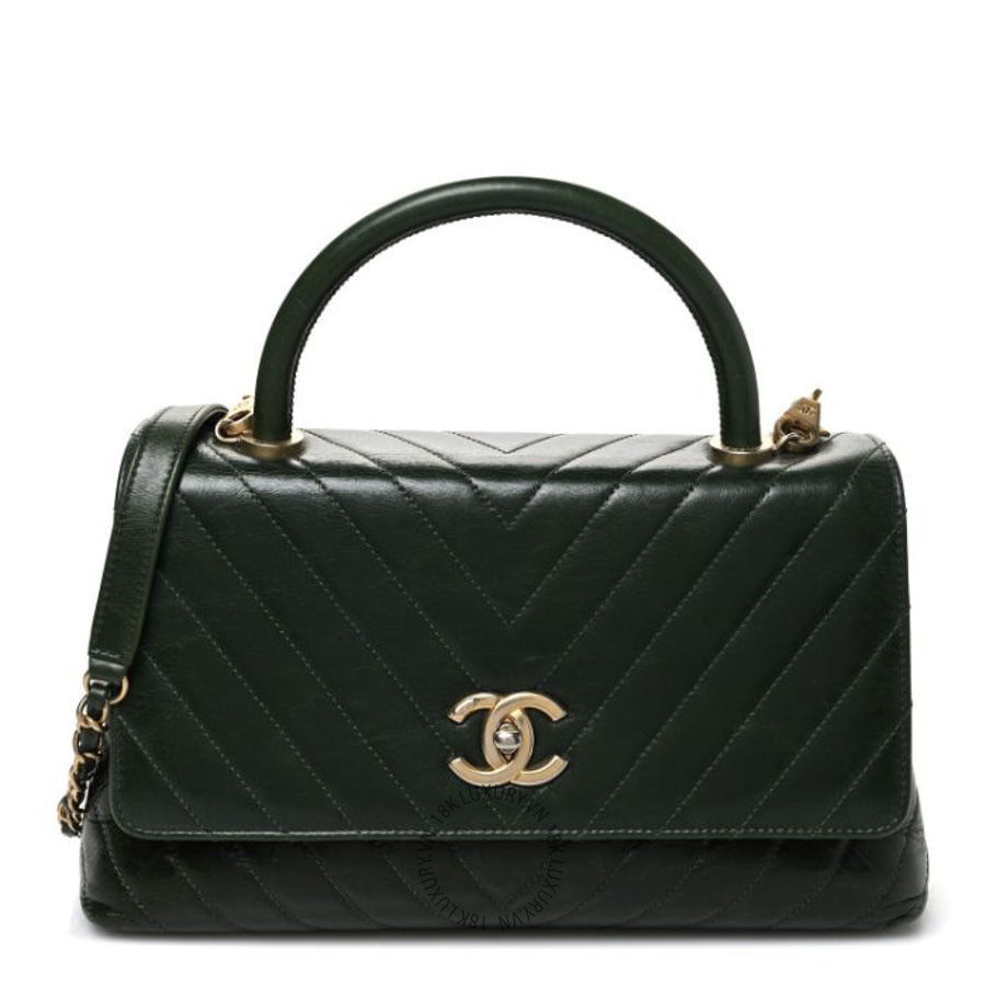 Túi Xách Đeo Chéo Chanel Calfskin Chevron Quilted Small Coco Handle Flap Green CDBC182