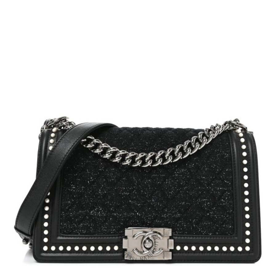Túi Xách Đeo Chéo Chanel Calfskin Pearl Tweed Medium Boy Flap Black CDBC843