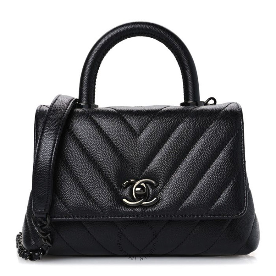Túi Xách Đeo Chéo Chanel Caviar Chevron Quilted Extra Mini Coco Handle Flap So Black CDBC282