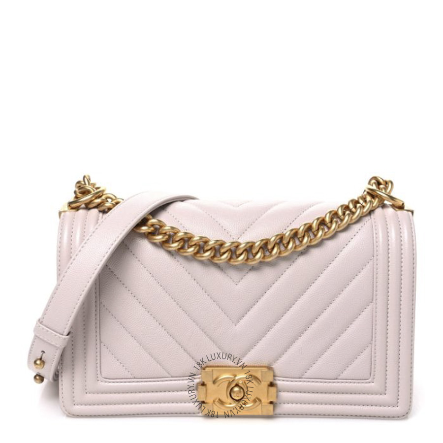 Túi Xách Đeo Chéo Chanel Caviar Chevron Quilted Medium Boy Flap Light Pink CDBC941