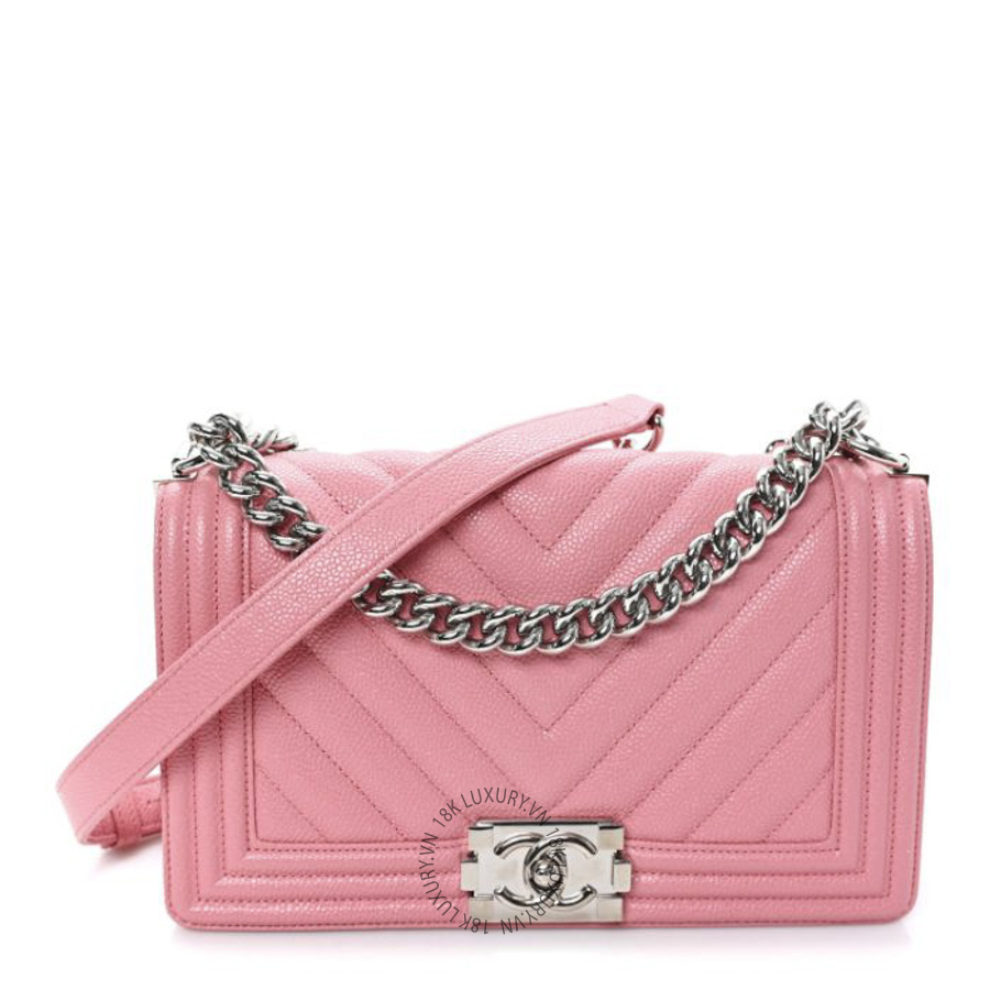 Túi Xách Đeo Chéo Chanel Caviar Chevron Quilted Medium Boy Flap Pink CDBC324