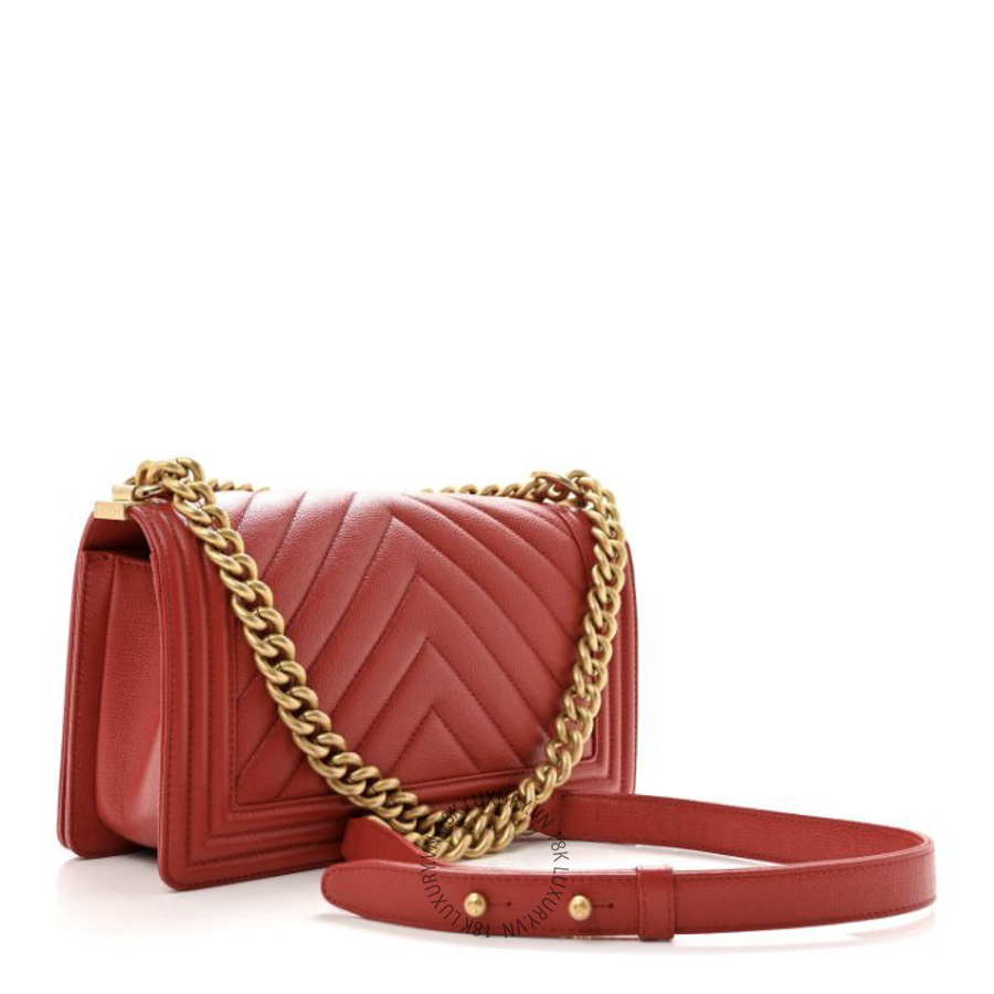 Túi Xách Đeo Chéo Chanel Caviar Chevron Quilted Medium Boy Flap Red CDBC792