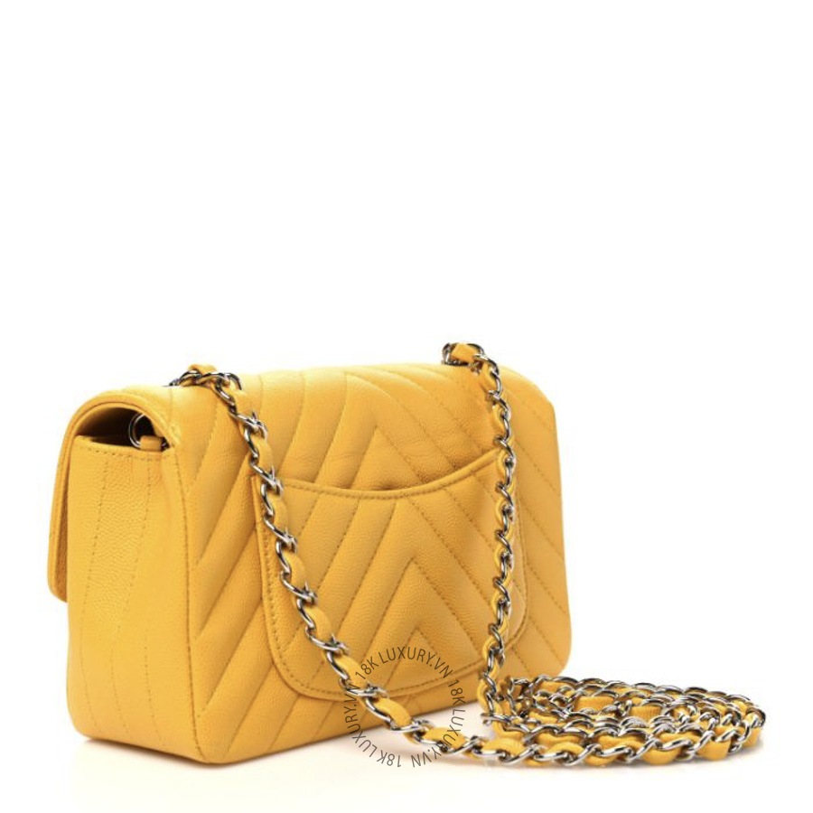 Túi Xách Đeo Chéo Chanel Caviar Chevron Quilted Mini Rectangular Flap Yellow CDBC601